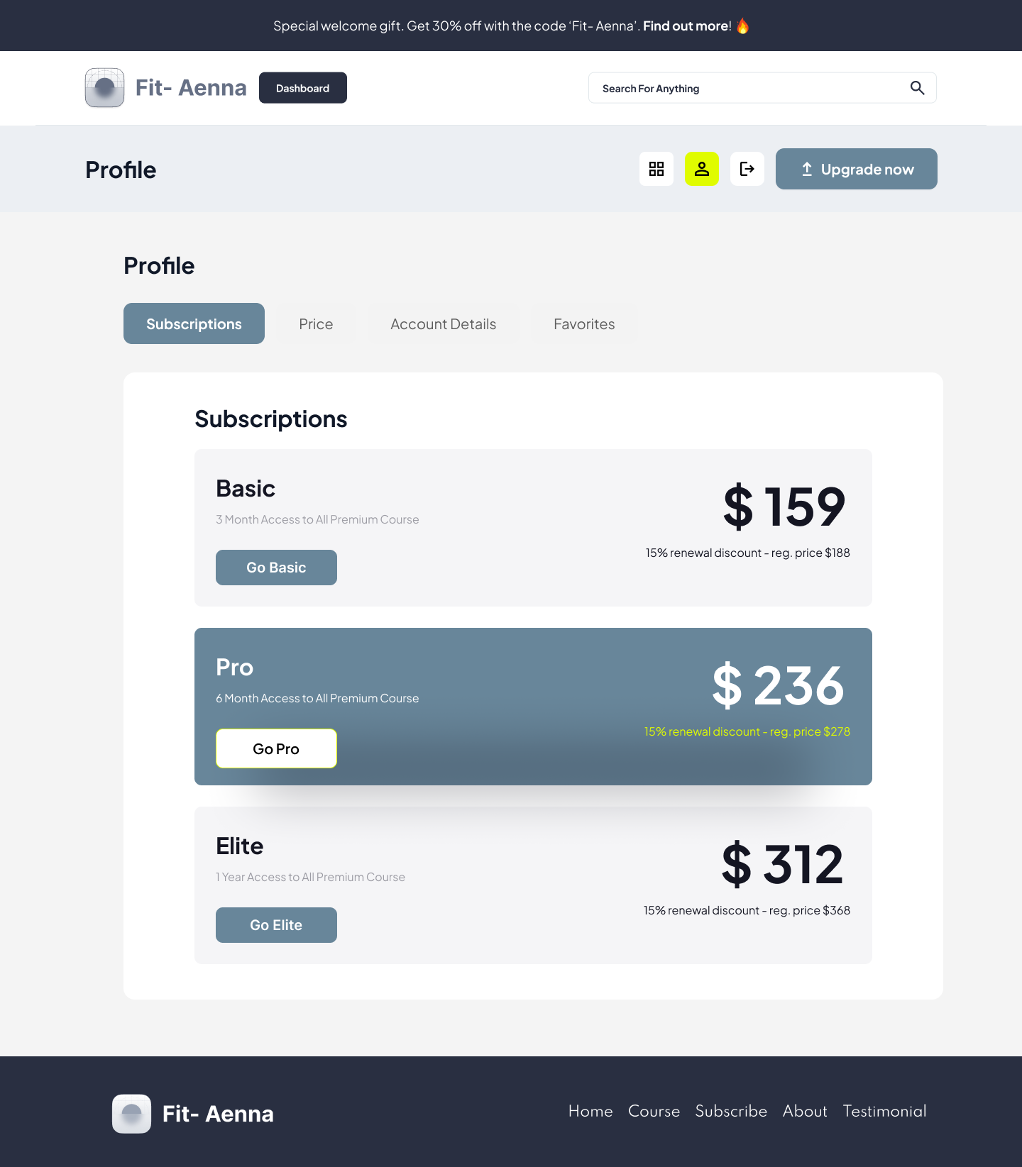fit arena subscription page